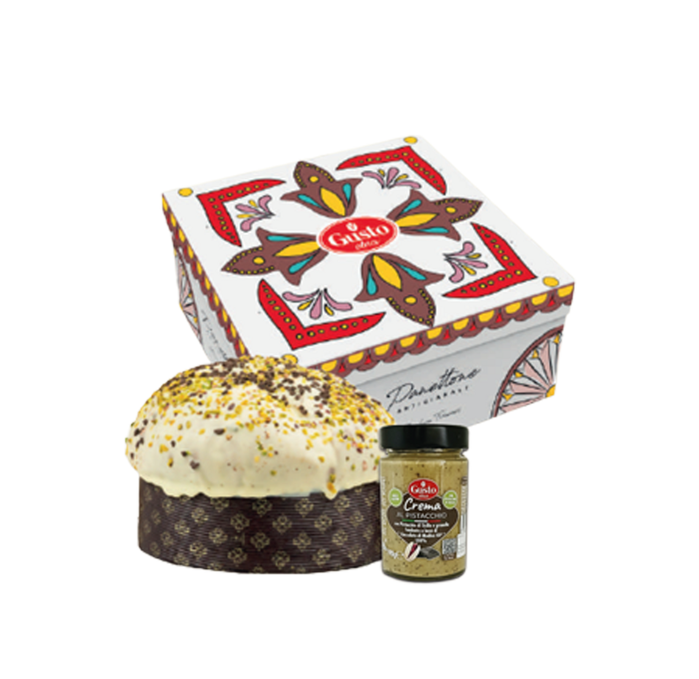 Panettone artesanal de pistacho y chocolate di modica I.G.P. (750g) con tarro de crema de pistacho
