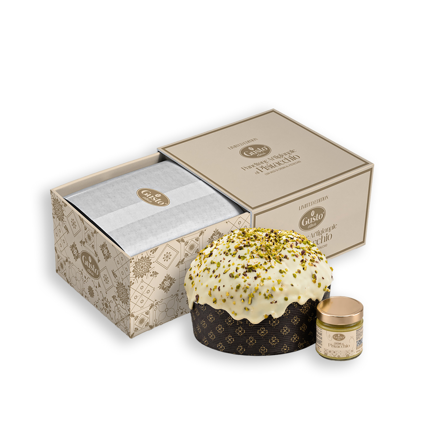 Panettone artesanal de pistacho (750g) con tarro de crema de pistacho