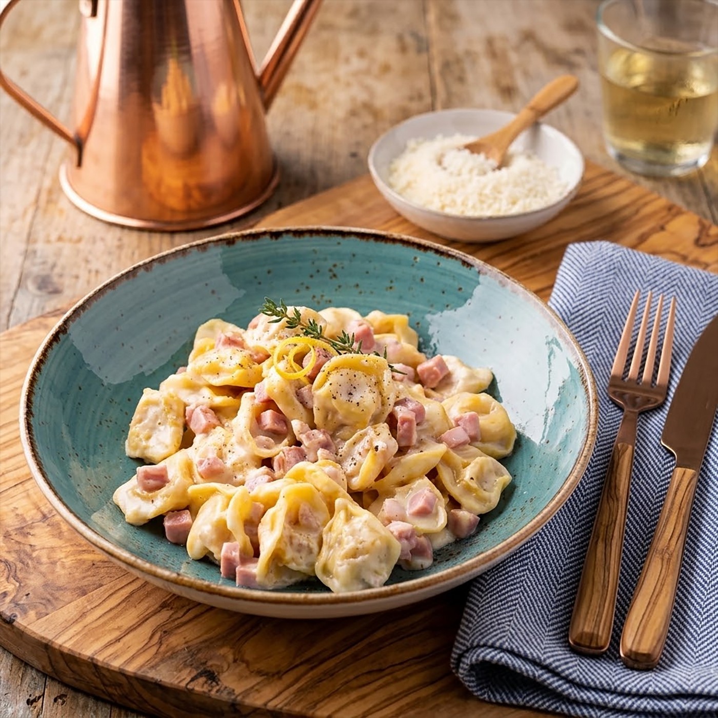 receta de Tortellini boloñesa con nata y jamón cocido