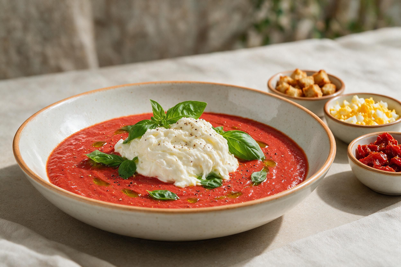 Salmorejo in stile italiano con stracciatella.