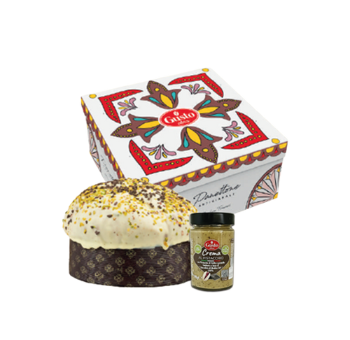 Panettone artesanal de pistacho y chocolate di modica I.G.P. (750g) con tarro de crema de pistacho