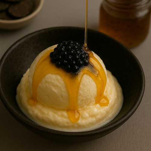 Helado de vainilla con perlas de trufa blanca y miel trufada.