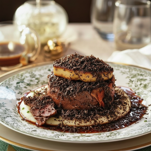 Solomillo con crema de trufa negra, foie caramelizado y puré de patata
